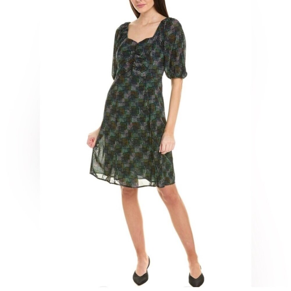 Elaine‎ Puff Sleeve Multicolored Dot Mesh Midi Dress in Green Size XS